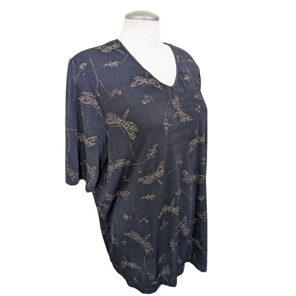 Womens Vintage Top Plus 2X Black Gold Sparkle Dragonfly Stretch Fairy Grunge - Picture 2 of 7